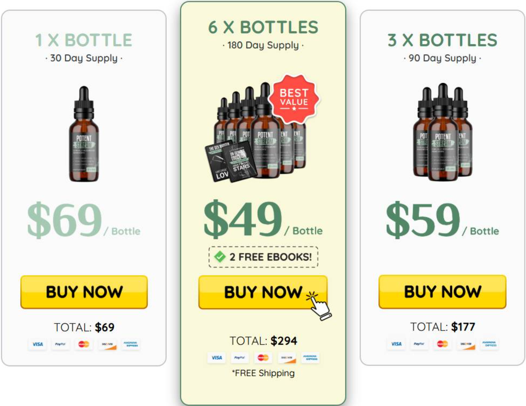 PotentStream pricing: one bottle $69, three bottles $59 each, six bottles $49 each with free shipping