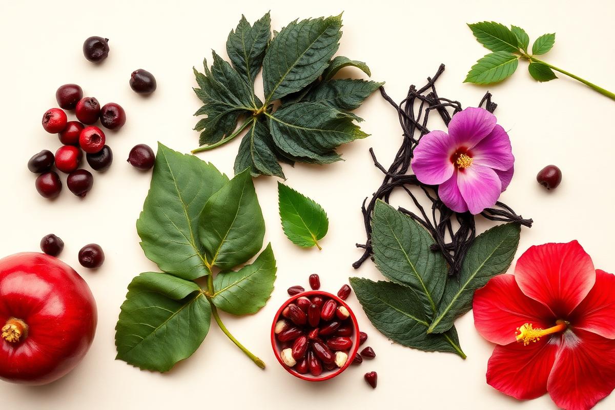 Saw palmetto berries, pomegranate, sea kelp, neem leaves and hibiscus laid out on a cream background